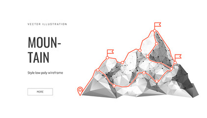 Mountain with red path concept of success in digital futuristic style on white background. Vector illustration of the concept of achieving intermediate stages to the main goal.