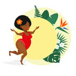 Dancing black African-American, plus-size model in a red swimsuit, standing on a blue background with tropical leaves. Summer time. Recreation and entertainment.