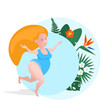 Body positivity. Womens day. White plump woman in swimsuit, love myself concept, standing against blue background with tropical leaves and flowers. Hello summer.