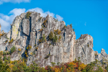 Wall Mural - Closeup view of Seneca Rocks stone cliff from visitor center during autumn with red yellow foliage on trees and people climbing mountains on peak with blue sky