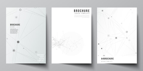 Vector layout of A4 cover mockups templates for brochure, flyer layout, booklet, cover design, book design, brochure cover. Gray technology background with connecting lines and dots. Network concept.