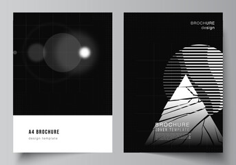 Vector layout of A4 cover design templates for brochure, flyer layout, booklet, cover design, book design. Black color technology background. Digital visualization of science, medicine, tech concept.