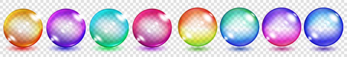 Poster - set of translucent colored spheres with glares and shadows on transparent background. transparency o