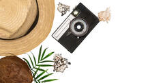 Summer Isolated Composition, Straw Hat, Retro Camera, Seashells On A White Background, Top View