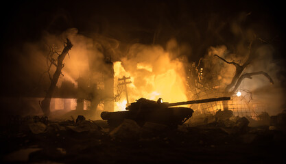 Wall Mural - War Concept. Military silhouettes fighting scene on war fog sky background, World War Soldiers Silhouette Below Cloudy Skyline At night. Battle in ruined city.