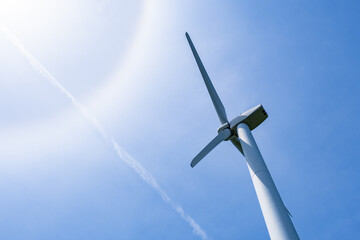 Aerial view of windmill, Wind power turbines generating clean renewable energy for sustainable development in a green ecology, Nobody