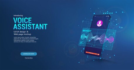 Voice assistant in smartphone application. 3D mockup smartphone with sound wave and UI. Microphone voice control technology, voice and sound recognition. Equalizer, wave flow, Ai assistant. Vector