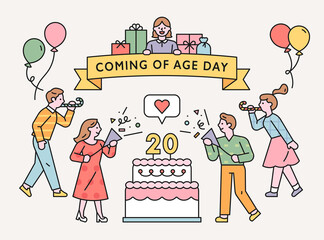 Wall Mural - people are celebrating around a giant cake. flat design style minimal vector illustration.