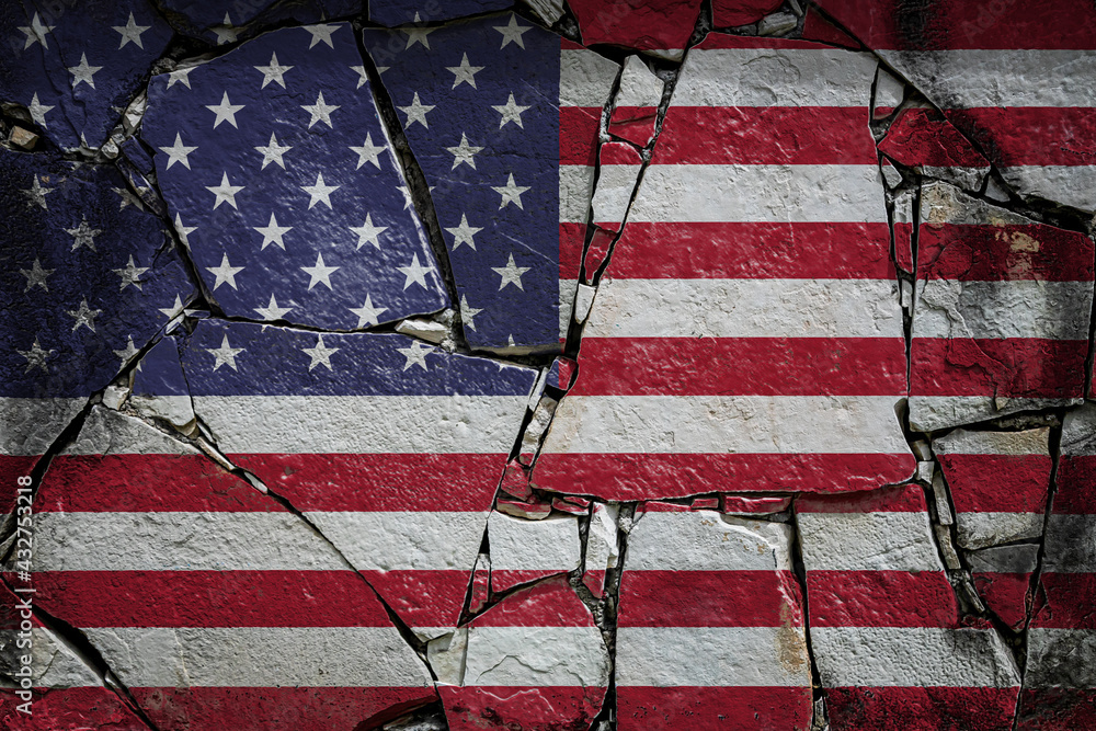 National flag of USA depicting in paint colors on an old stone wall ...