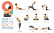 9 Yoga poses or asana posture for workout in Yoga for Back Stretches concept. Women exercising for body stretching. Fitness infographic. Flat cartoon vector