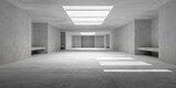 Fototapeta  - Abstract empty, modern concrete room with open ceiling and sun light from above, ceiling beams and rough floor - industrial interior background template