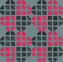 Geometric Shapes With Black And Red Scribble Fill Make Hearts In A Repeating Pattern On A Gray Background, Vector Illustration