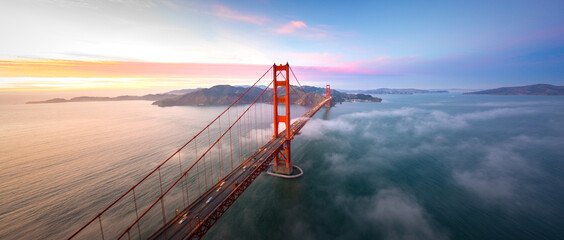 Fototapete - Golden Gate Bridge at Sunset Aerial View, San Francisco, California