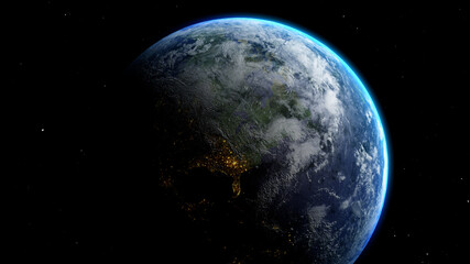 Wall Mural - sunrise and shadow on the earth in space with star in universe. world realistic atmosphere 3d volume