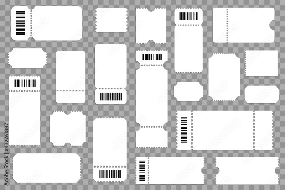 Blank ticket, raffle and lottery vector mockups on transparent ...