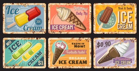 Sticker - Ice-cream shop tin sign, popsicle frozen dessert rusty metal plate. Fast food cafe sweets menu retro price tag, grunge plate with vector organic ice cream in waffle cone, chocolate eskimo or sundae