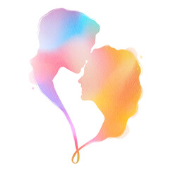 Romantic Valentine lovers silhouette on watercolor background. Love at first sign concept.  Engagement couple. Happy valentine's day