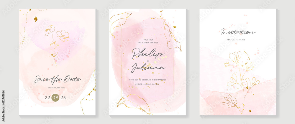 Luxury wedding invitation card vector. Invite cover design with watercolor blush and gold line texture. - obrazy, fototapety, plakaty 