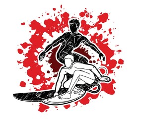  Group of Surfing Sport Men Players Action Cartoon Graphic Vector