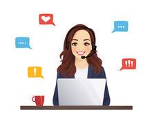 Woman In Headphones With Laptop. Customer Support Operator Vector Illustration Isolated