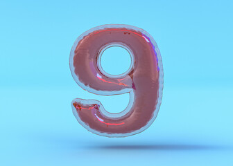 Wall Mural - Number 9. Digital sign. Transparent balloon font. 3D illustration