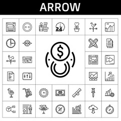 Sticker - arrow icon set. line icon style. arrow related icons such as wall clock, button, file, pin, browser, bar chart, cloud computing, weathercock, profits, website, degree, sharing