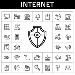 Sticker - internet icon set. line icon style. internet related icons such as megaphone, shield, basket, audiobook, shop, mail, funnel, rss feed, google maps, computer, file, cinema