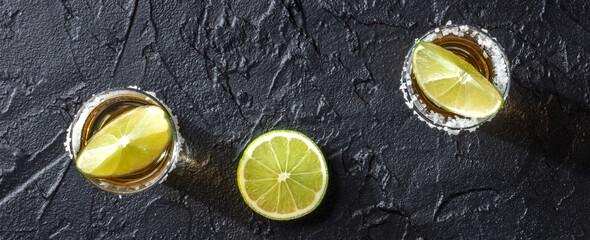 Poster - Tequila and lime panorama on a black background