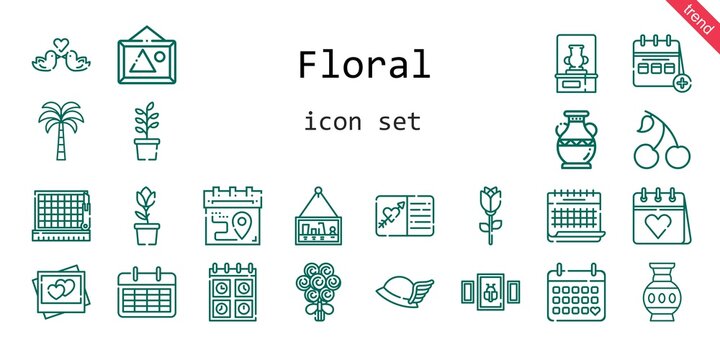 floral icon set. line icon style. floral related icons such as calendar, cherry, bouquet, vase, tulip, picture, pictures, palm tree, love birds, plant, cutting, rose, hermes, wedding invitation,