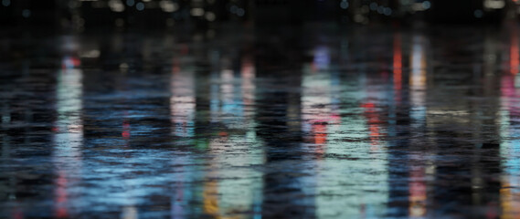 3D Rendering of light reflection from advertising signs and buildings at night. Wet puddles from raining on asphalt street surface Blur effect applied. For beautiful background