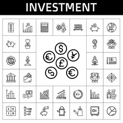 Sticker - investment icon set. line icon style. investment related icons such as safebox, profits, wallet, piggy bank, coins, calculating, salary, dollar, bank, money, startup, crowdfunding