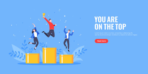 Wall Mural - People standing on the podium rank first three places, jumps in the air with trophy cap. Employee recognition and competition award winner business concept flat style design vector illustration.