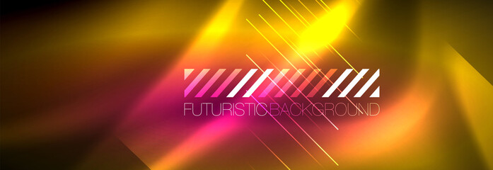 Neon glowing lines, magic energy and light motion background. Vector wallpaper template