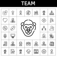 Wall Mural - team icon set. line icon style. team related icons such as bride, woman, student, volley, networking, video, employee, skills, basketball, file, startup, helmet, man