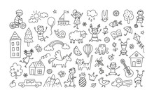A Set Of Children Drawings. Kid Doodle. Children Playing And Jumping, Painted Houses, Unicorn, Cute Cat And Other Black White Elements. Vector Illustration On White Background. Editable Stroke