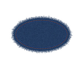 denim ellipse shape with seam. torn jean patch with stitches. vector realistic illustration on white