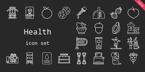 Wall Mural - health icon set. line icon style. health related icons such as papaya, plum, sponge, hazelnut, mouthwash, hot stones, mortar, tangerine, wrong way, fruit, strawberry, water dispenser, stretching