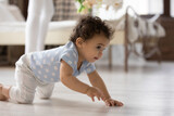 Fototapeta  - Cute little African American toddler baby child crawl on wooden floor at home play alone explore world. Small biracial girl kid learn walking try to make first steps. Childcare, upbringing concept.