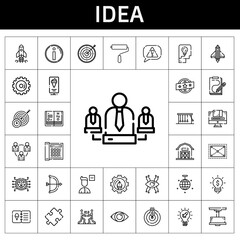 idea icon set. line icon style. idea related icons such as idea, mirror ball, thinking, newtons cradle, barn, startup, science book, options, brand, standee, info, paint roller