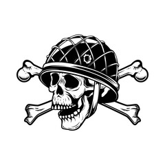 Wall Mural - Illustration of soldier skull in military helmet with crossed bones. Design element for logo, label, sign, emblem. Vector illustration