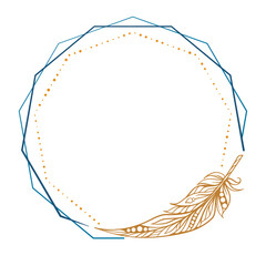 Wall Mural - Vector round polygonal dotted frame with feather decoration