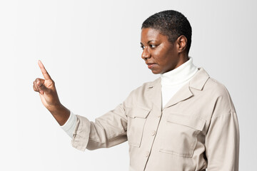 Wall Mural - Woman pointing out with index finger