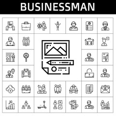 Wall Mural - businessman icon set. line icon style. businessman related icons such as doorman, employee, salary, unlocked, negotiation, man, tasks, group, profits, job search, brainstorm