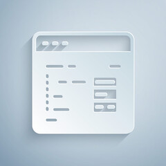 Paper cut Software, web developer programming code icon isolated on grey background. Javascript computer script random parts of program code. Paper art style. Vector