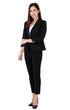 © Bangkok Click Studio - Full body portrait of asian beautiful business working long hair woman wearing formal black suit and high heel shoes, smiling, confident smart posing, standing on isolated white background cutout.