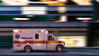 Ambulance driving through a city. Ambulance drives down the street with lights flashing at night. Ambulance rides along street. 3d render