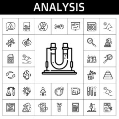 Sticker - analysis icon set. line icon style. analysis related icons such as calculator, loupe, test tube, tax, beaker, research, analytics, startup, fishbone, negotiation, pyramid