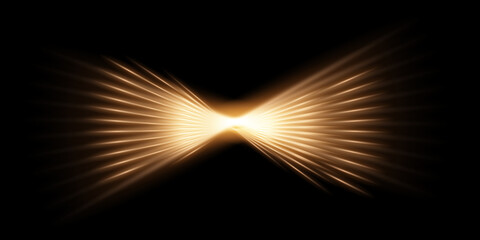 Wall Mural - Gold light glow on black horizontal background. Golden bright flare shining vector illustration. Flash of light with ray beams in space. Sunshine sparkles and lines effects