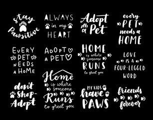 Wall Mural - Pet adoption phrase black and white poster. Inspirational quotes about domestical pets adoption. Hand written phrases for poster, cat and dog adoption lettering. Adopt a pet.
