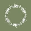 Hand drawn olive branch wreath in retro farmhouse style. Logo design element, template for wedding, engagement invitations. Olive oil products branding